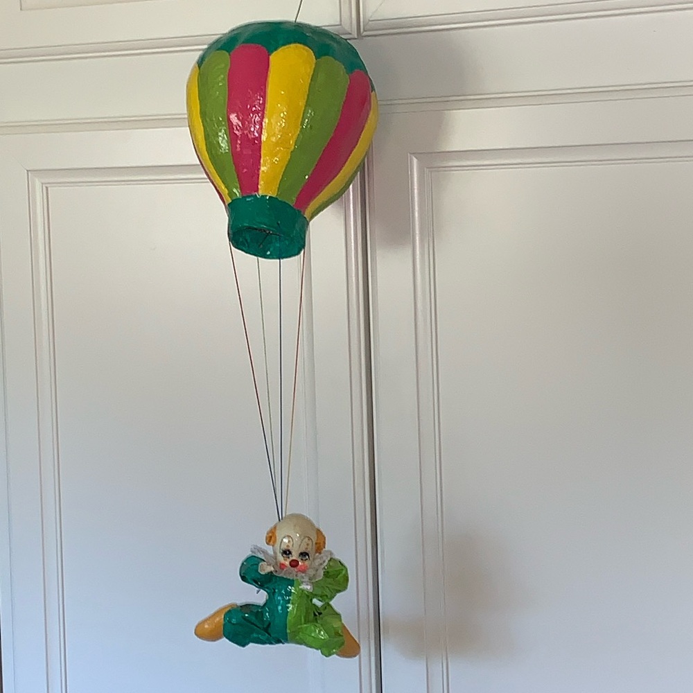 Vintage paper mache hanging air balloon and clown mobile